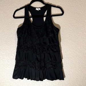 Racerback Layered Lace and Cotton Tank Top - Large Black